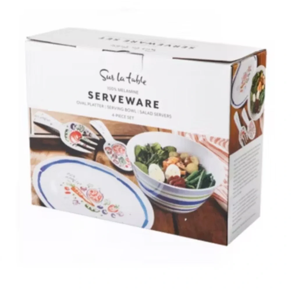 NIB Sur la Table Melamine 4-piece Serving Set w/ Platter, Salad Bowl & Utensils